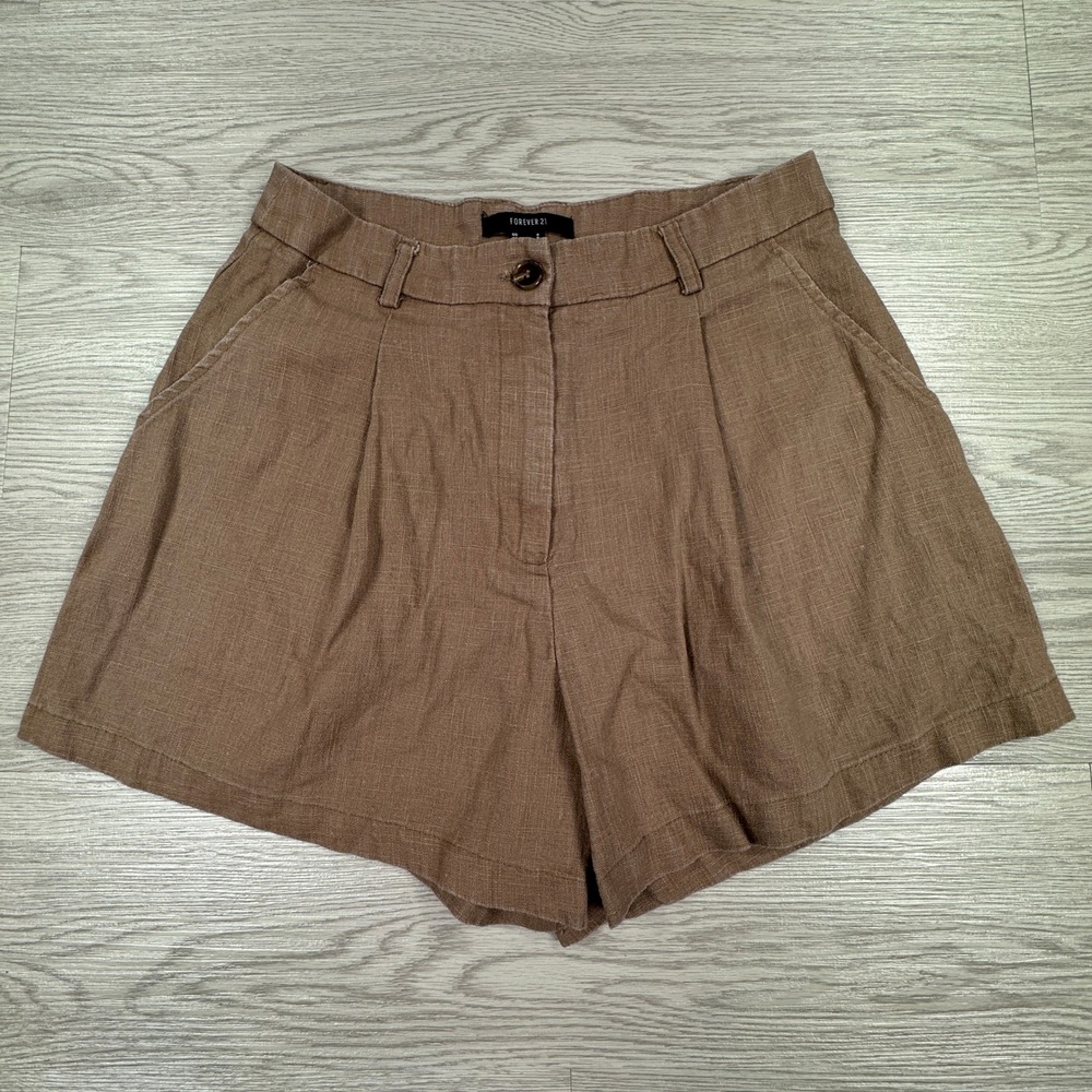 Forever 21 Women Shorts Pleated High Rise Brown Small Linen Blend Casual